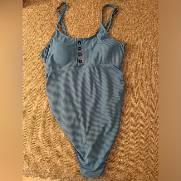 Summer Mae Maternity Swimsuit One Piece Bathing Suit Button Neck Cross Back - Picture 2 of 3